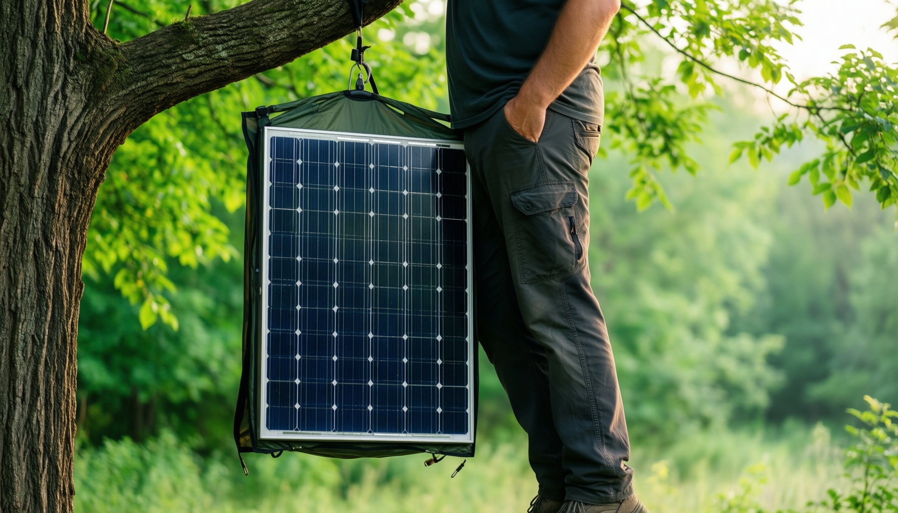 portable solar camp shower — illustrative AI-generated lifestyle image