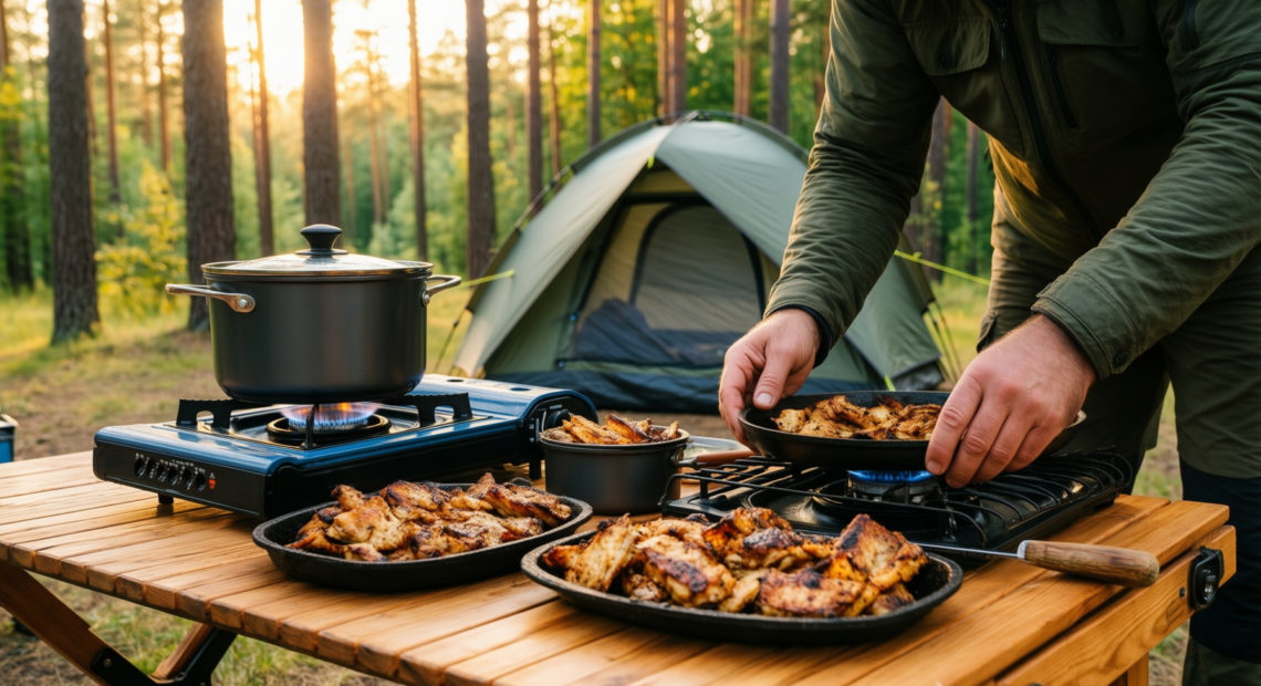 stainless steel camping cookware set — illustrative AI-generated lifestyle image