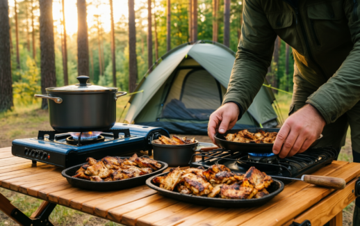 stainless steel camping cookware set — illustrative AI-generated lifestyle image