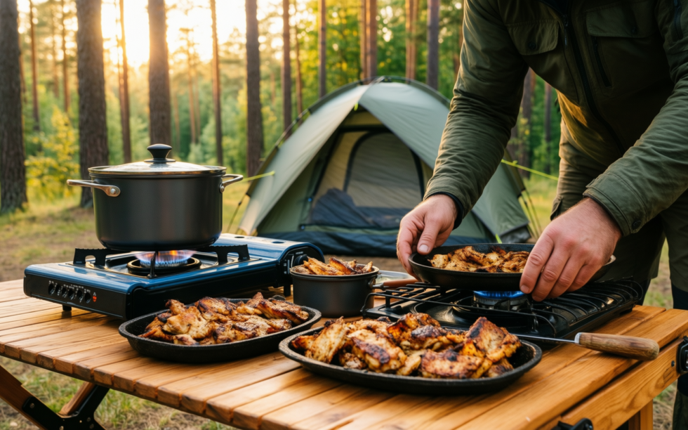 stainless steel camping cookware set — illustrative AI-generated lifestyle image