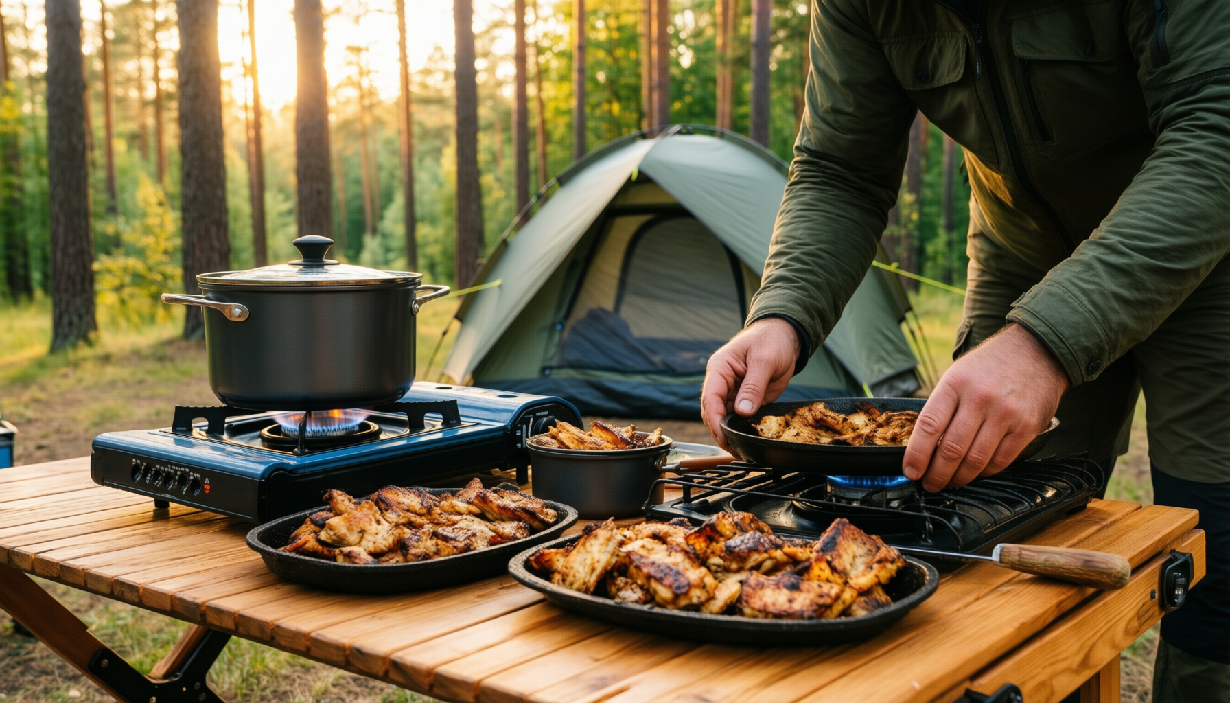 stainless steel camping cookware set — illustrative AI-generated lifestyle image