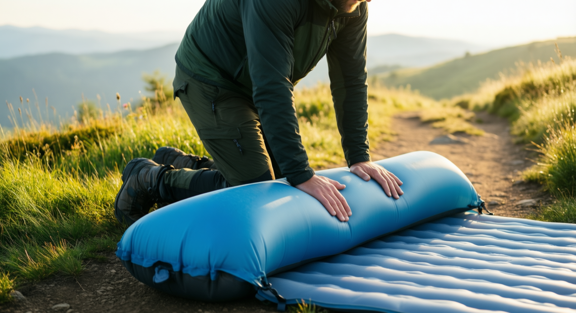 ultralight inflatable camping mat with pillow — illustrative AI-generated lifestyle image
