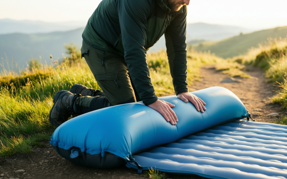ultralight inflatable camping mat with pillow — illustrative AI-generated lifestyle image