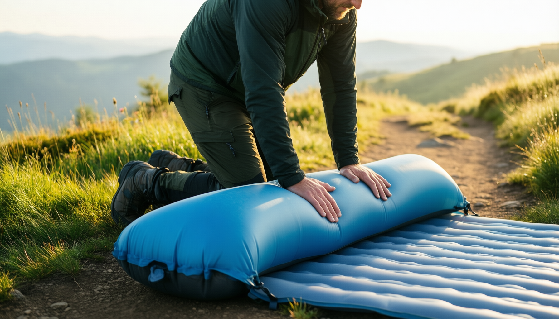 ultralight inflatable camping mat with pillow — illustrative AI-generated lifestyle image