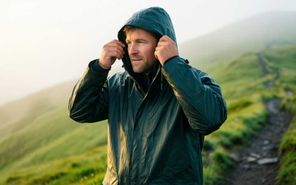 waterproof fishing rain suit for men — illustrative AI-generated lifestyle image