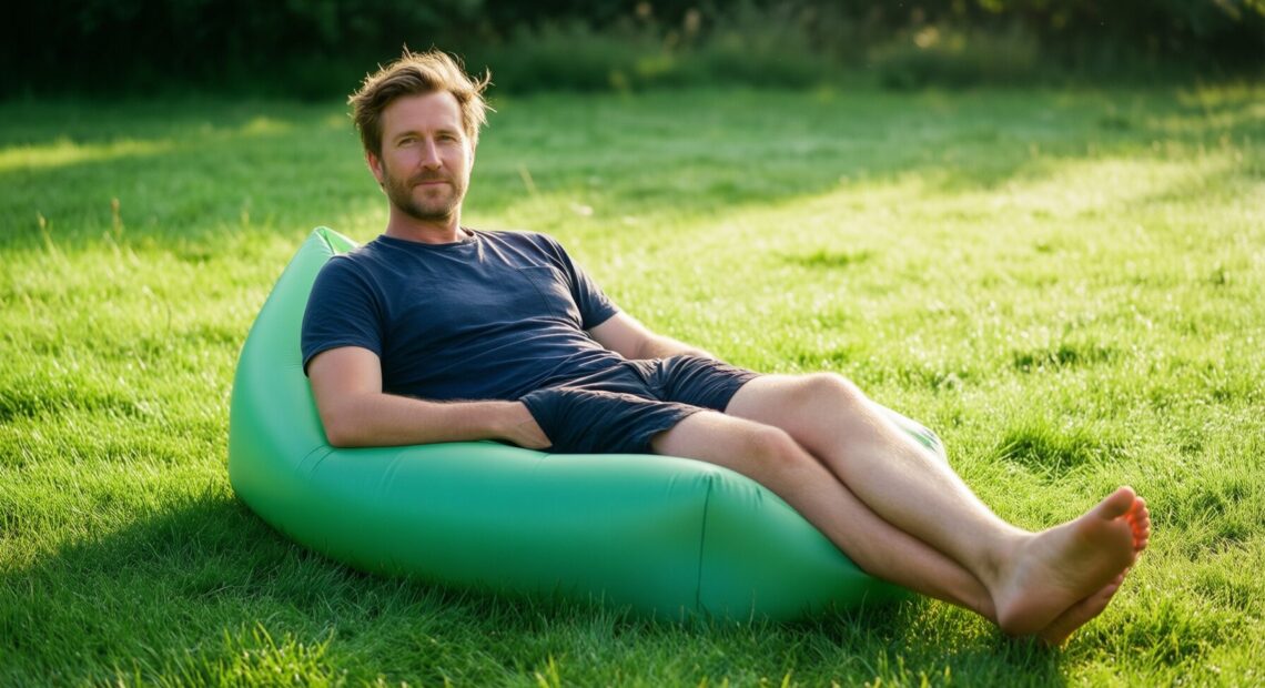 CHILLBO SHWAGGINS inflatable lounger — illustrative AI-generated lifestyle image