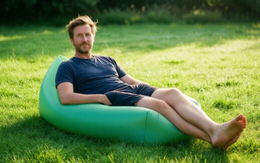 CHILLBO SHWAGGINS inflatable lounger — illustrative AI-generated lifestyle image