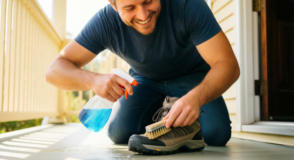 shoe cleaning spray bottle and brush — illustrative AI-generated lifestyle image