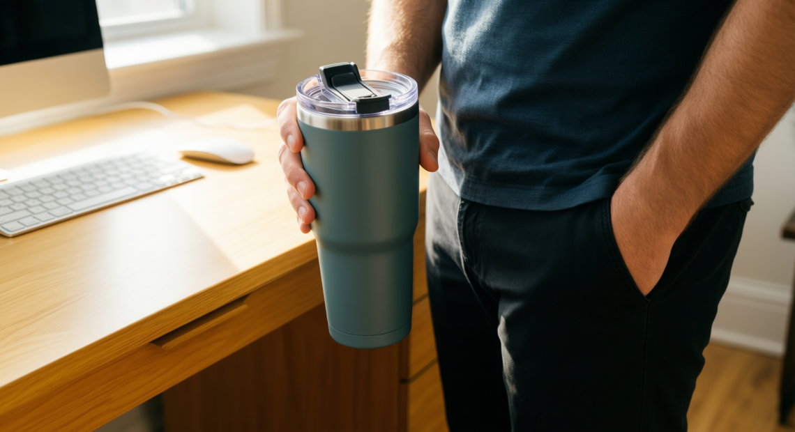 streeterville thermalock desk mug — illustrative AI-generated lifestyle image