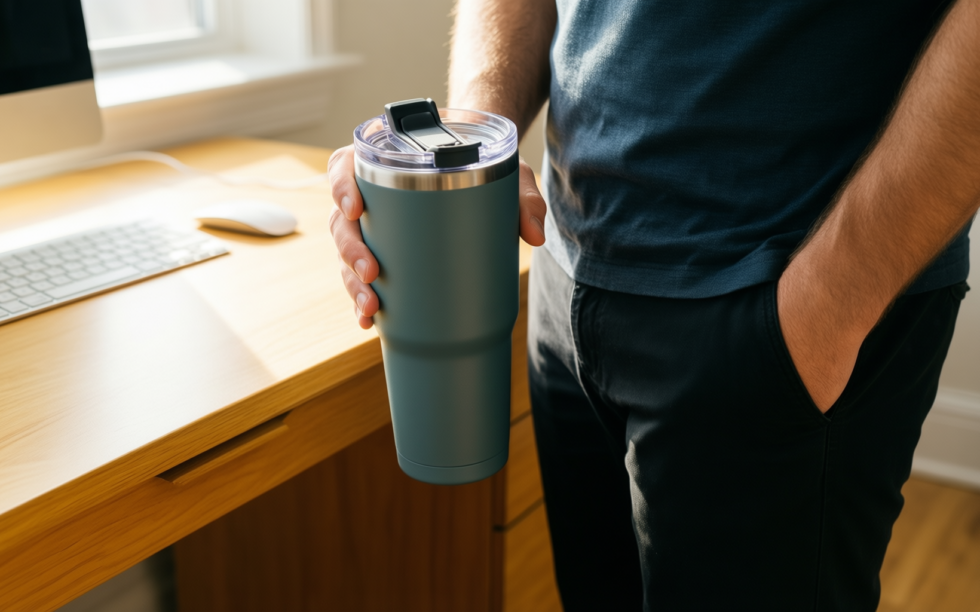 streeterville thermalock desk mug — illustrative AI-generated lifestyle image