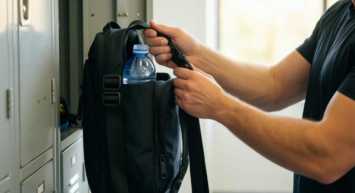 magnetic gym bag water bottle holder — illustrative AI-generated lifestyle image
