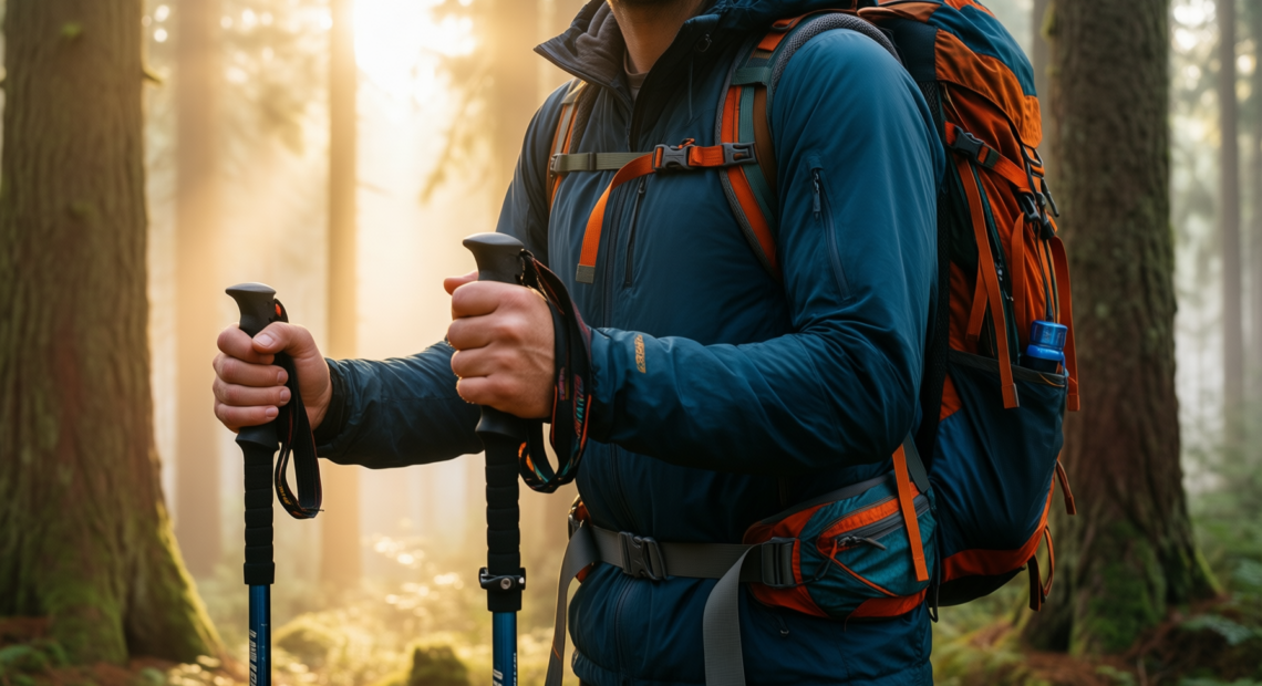 black diamond trail back trekking poles — illustrative AI-generated lifestyle image