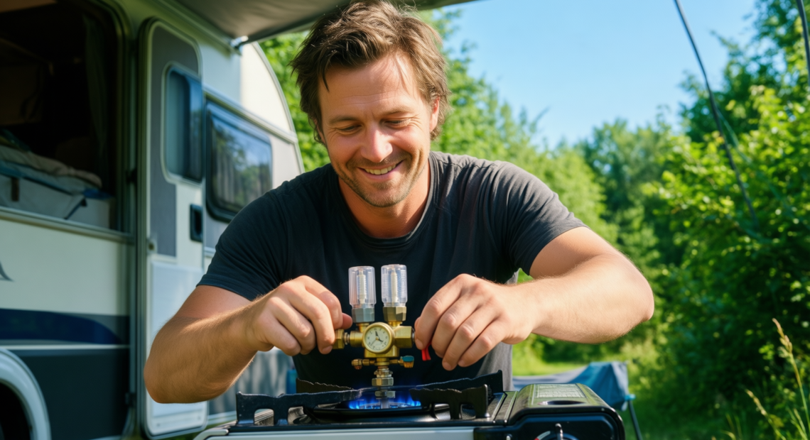 Campingaz twin connection gas regulator — illustrative AI-generated lifestyle image