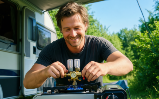 Campingaz twin connection gas regulator — illustrative AI-generated lifestyle image