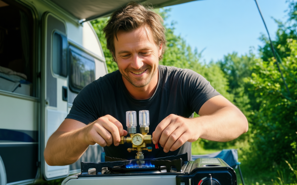 Campingaz twin connection gas regulator — illustrative AI-generated lifestyle image