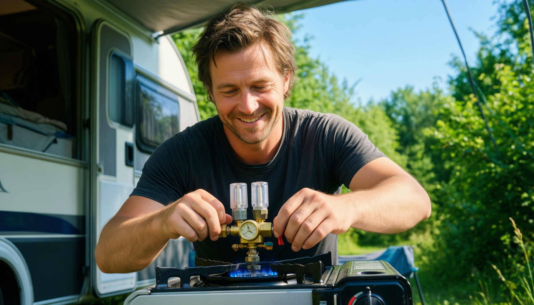 Campingaz twin connection gas regulator — illustrative AI-generated lifestyle image