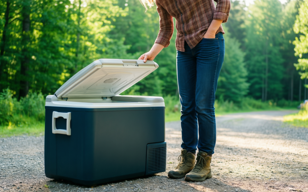 outsunny 50l camping fridge — illustrative AI-generated lifestyle image