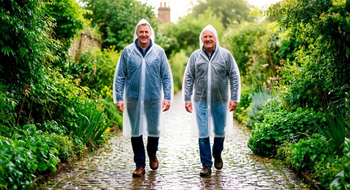 Two adults walking a wet garden path wearing clear disposable rain ponchos