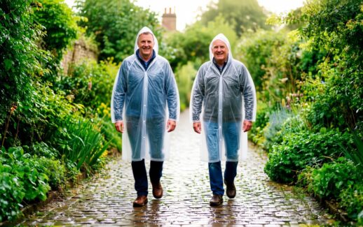 Two adults walking a wet garden path wearing clear disposable rain ponchos