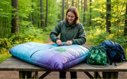 Adult zipping a turtle-print camping sleeping bag on a forest picnic table