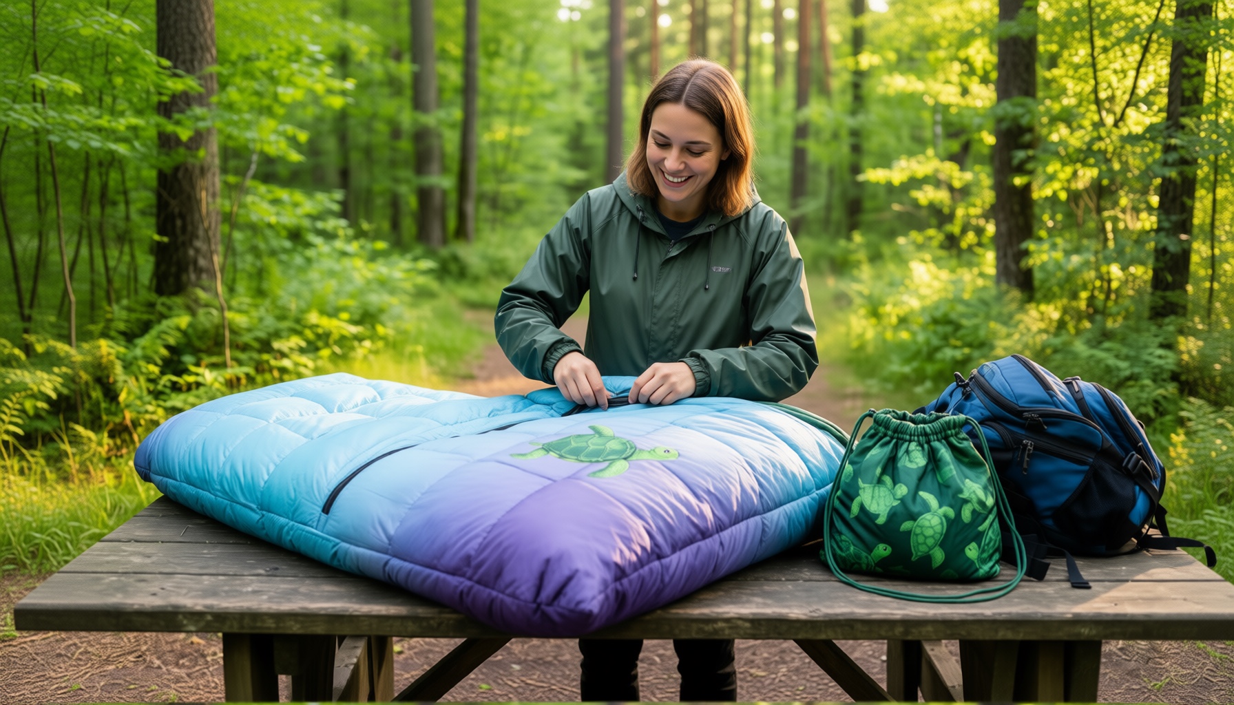 turtle printed camping sleeping bag — illustrative AI-generated lifestyle image